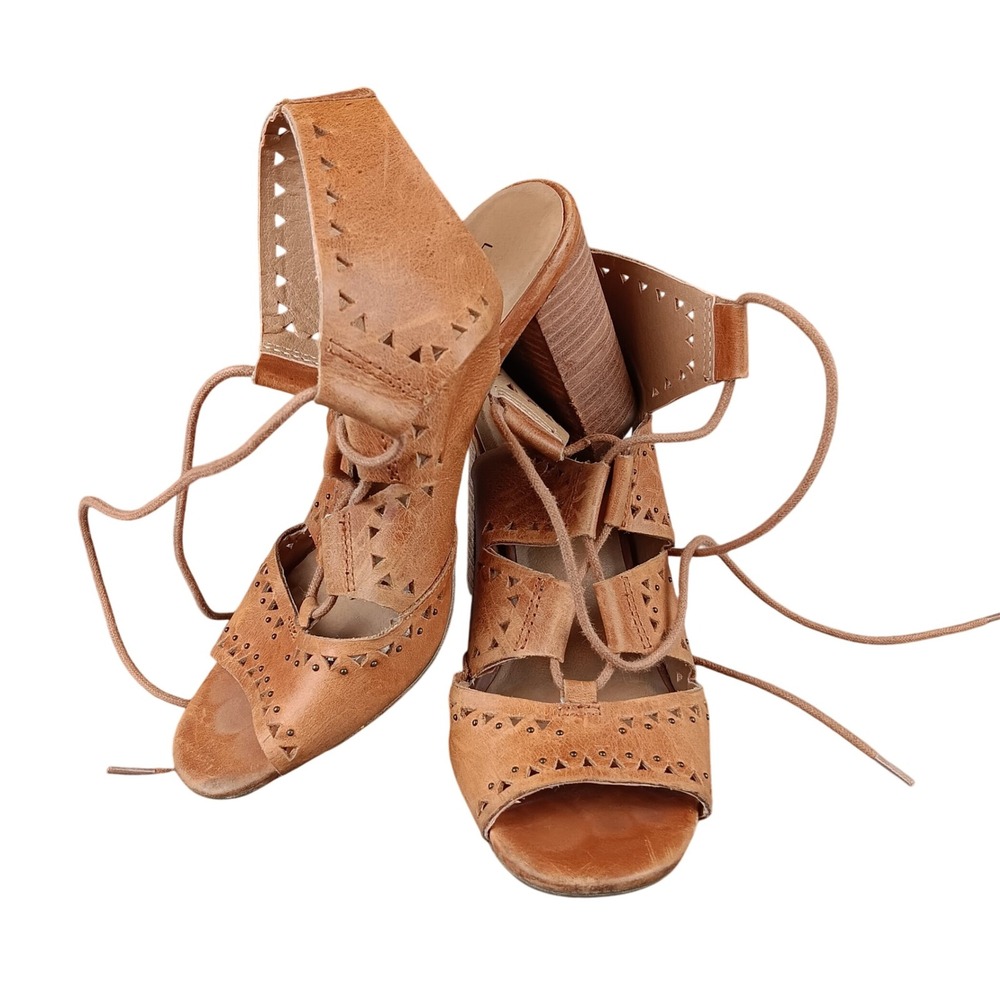 Lucky Brand Tan Leather Lace Up Gladiator Block Heel Sandals Women